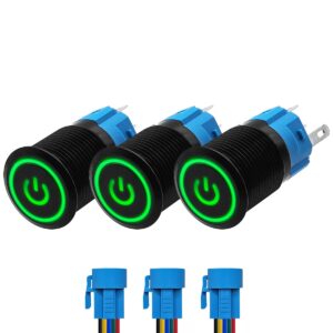 ProRide Drukschakelaar ON-OFF 12V/24V - 16mm Metaal - Waterdicht - LED Groen - Met Kabels - 3 stuks
