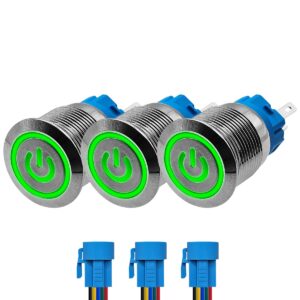 ProRide Drukschakelaar ON-OFF 12V/24V - 19mm Metaal - Waterdicht - LED Groen - Met Kabels - 3 stuks