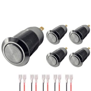 ProRide Mini Drukschakelaar ON-OFF - 12mm Metaal - 12V/24V - Platte Knop - Met Kabels - Zilver - 5 stuks