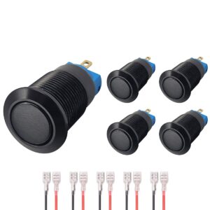 ProRide Mini Drukschakelaar ON-OFF - 12mm Metaal - 12V/24V - Platte Knop - Met Kabels - Zwart - 5 stuks
