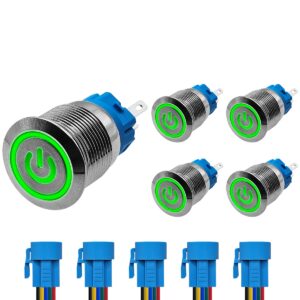 ProRide Drukschakelaar ON-OFF 12V/24V - 19mm Metaal - Waterdicht - LED Groen - Met Kabels - 5 stuks