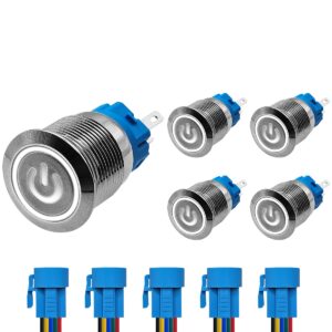 ProRide Drukschakelaar ON-OFF 12V/24V - 19mm Metaal - Waterdicht - LED Wit - Met Kabels - 5 stuks