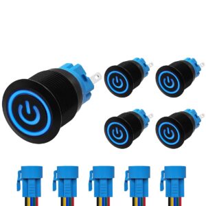 ProRide Drukschakelaar ON-OFF 220V - 19mm Metaal - Waterdicht - LED Blauw - Met Kabels - 5 stuks