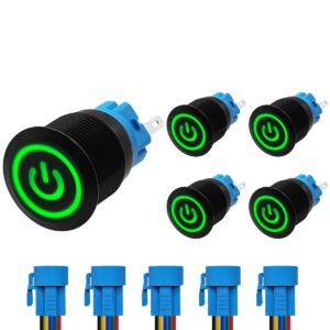 ProRide Drukschakelaar ON-OFF 220V - 19mm Metaal - Waterdicht - LED Groen - Met Kabels - 5 stuks