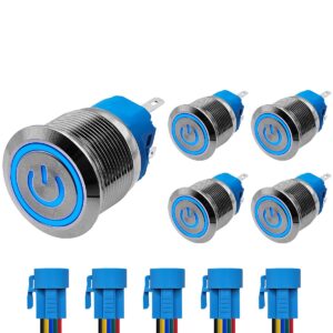 ProRide Drukschakelaar ON-OFF 220V - 22mm Metaal - Waterdicht - LED Blauw - Met Kabels - 5 stuks