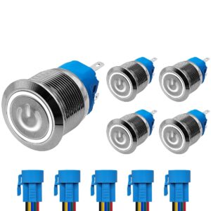 ProRide Drukschakelaar ON-OFF 220V - 22mm Metaal - Waterdicht - LED Wit - Met Kabels - 5 stuks