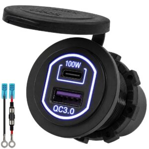 ProRide 12-24V USB/USB C Autolader 2 Poorten Inbouw - 100W QC3.0 - Snellader - Blauw - Met Aansluitkabel