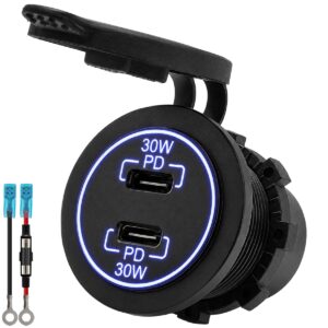ProRide 12-24V USB C Autolader 2 Poorten Inbouw - 30W+30W - Blauw - Met Aansluitkabel - USB-C Stopcontact