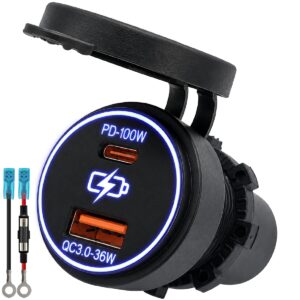 ProRide 12-24V USB/USB C Autolader 2 Poorten Inbouw - 100W+36W QC3.0 - Snellader - Blauw - Met Aansluitkabel