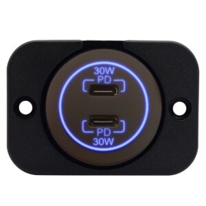 ProRide 12-24V USB C Autolader 2 Poorten Inbouw - 30W+30W - Enkelvoudig Paneel - Blauw - USB-C Stopcontact