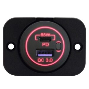 ProRide 12-24V USB/USB C Autolader 2 Poorten Inbouw - 65W QC3.0 - Snellader - Enkelvoudig Paneel - Rood