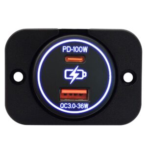 ProRide 12-24V USB/USB C Autolader 2 Poorten Inbouw - 100W+36W QC3.0 - Snellader - Enkelvoudig Paneel - Blauw