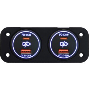 ProRide 12-24V USB/USB C Autolader 2 Poorten Inbouw - 100W+36W QC3.0 - Tweevoudig Paneel - Blauw - 2 Stuks