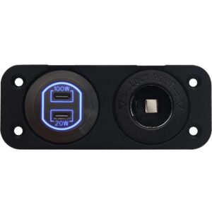 ProRide 12-24V USB C Autolader 2 Poorten Inbouw - 100W+20W - Sigarettenaansteker - Tweevoudig Paneel - Blauw