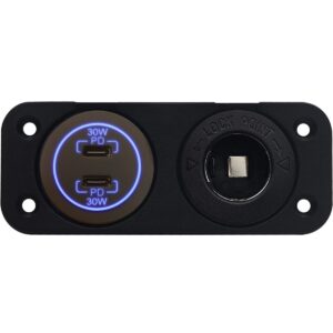ProRide 12-24V USB C Autolader 2 Poorten Inbouw - 30W+30W - Sigarettenaansteker - Tweevoudig Paneel - Blauw