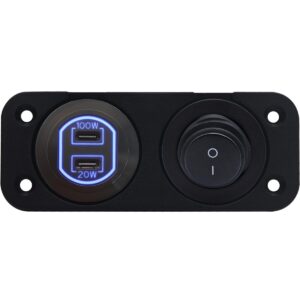 ProRide 12-24V USB C Autolader 2 Poorten Inbouw - 100W+20W - Tuimelschakelaar - Tweevoudig Paneel - Blauw