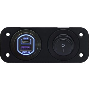 ProRide 12-24V USB/USB C Autolader 2 Poorten Inbouw - 100W QC3.0 - Tuimelschakelaar - Blauw