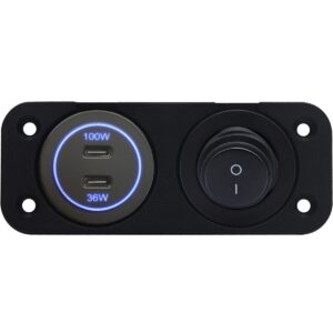 ProRide 12-24V USB C Autolader 2 Poorten Inbouw - 100W+36W - Tuimelschakelaar - Tweevoudig Paneel - Blauw
