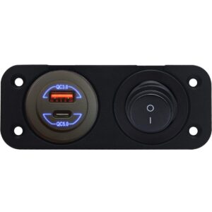 ProRide 12-24V USB/USB C Autolader 2 Poorten Inbouw - 36W+60W QC5.0 - Tuimelschakelaar - Blauw
