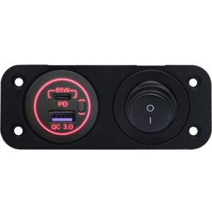 ProRide 12-24V USB/USB C Autolader 2 Poorten Inbouw - 65W QC3.0 - Tuimelschakelaar - Tweevoudig Paneel - Rood