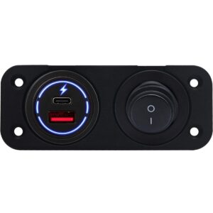ProRide 12-24V USB/USB C Autolader 2 Poorten Inbouw - 65W QC3.0 - Tuimelschakelaar - Tweevoudig Paneel - Blauw