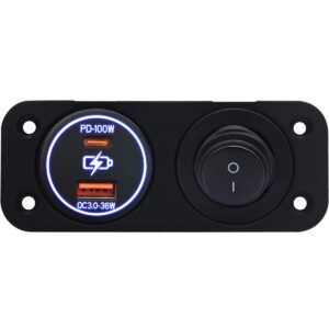 ProRide 12-24V USB/USB C Autolader 2 Poorten Inbouw - 100W+36W QC3.0 - Tuimelschakelaar - Blauw