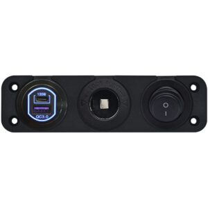 ProRide 12-24V USB/USB C Autolader 2 Poorten Inbouw - 100W QC3.0 - Sigarettenaansteker - Schakelaar - Blauw
