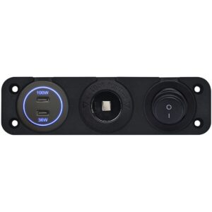 ProRide 12-24V USB C Autolader 2 Poorten Inbouw - 100W+36W - Sigarettenaansteker - Tuimelschakelaar - Blauw