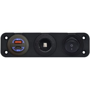 ProRide 12-24V USB/USB C Autolader 2 Poorten Inbouw - 36W+60W QC5.0 - Sigarettenaansteker - Schakelaar - Blauw