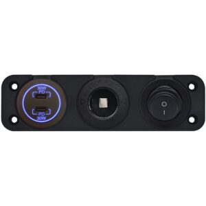 ProRide 12-24V USB C Autolader 2 Poorten Inbouw - 30W+30W - Sigarettenaansteker - Tuimelschakelaar - Blauw
