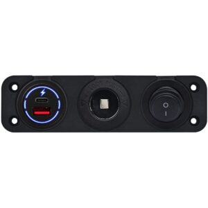 ProRide 12-24V USB/USB C Autolader 2 Poorten Inbouw - 65W QC3.0 - Sigarettenaansteker - Schakelaar - Blauw