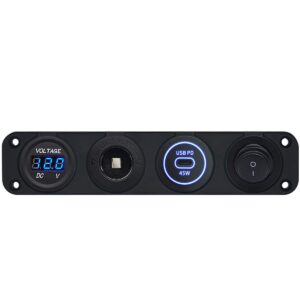ProRide 12-24V USB C Autolader 1 Poort Inbouw - 45W - Sigarettenaansteker - Schakelaar - Voltmeter - Blauw