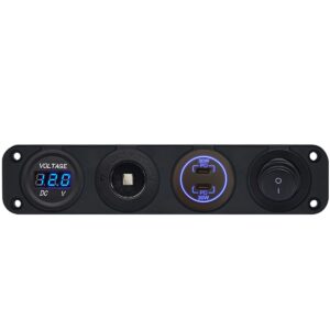 ProRide 12-24V USB C Autolader 2 Poorten Inbouw - 30W+30W - Sig. - Schakelaar - Voltmeter - Blauw