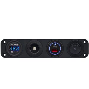 ProRide 12-24V USB/USB C Autolader 2 Poorten Inbouw - 65W QC3.0 - Sig. - Schakelaar - Voltmeter - Blauw