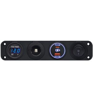 ProRide 12-24V USB/USB C Autolader 2 Poorten Inbouw - 100W+36W QC3.0 - Sig. - Schakelaar - Voltmeter - Blauw