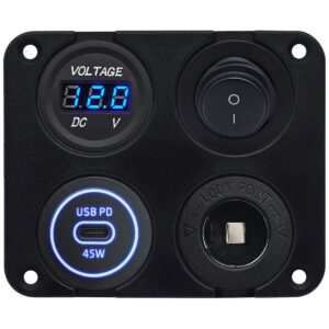 ProRide 12-24V USB C Autolader 1 Poort Inbouw - 45W - Sigarettenaansteker - Schakelaar - Voltmeter - Blauw
