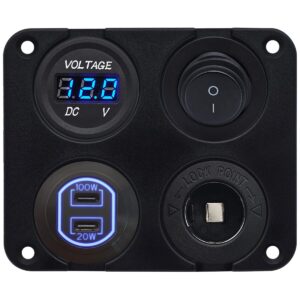 ProRide 12-24V USB C Autolader 2 Poorten Inbouw - 100W+20W - Sig. - Schakelaar - Voltmeter - Blauw