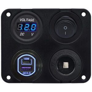 ProRide 12-24V USB/USB C Autolader 2 Poorten Inbouw - 100W QC3.0 - Sig. - Schakelaar - Voltmeter - Blauw