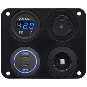 ProRide 12-24V USB C Autolader 2 Poorten Inbouw - 100W+36W - Sig. - Schakelaar - Voltmeter - Blauw