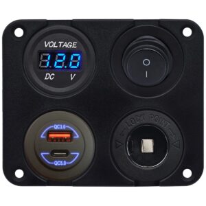 ProRide 12-24V USB/USB C Autolader 2 Poorten Inbouw - 36W+60W QC5.0 - Sig. - Schakelaar - Voltmeter - Blauw