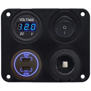 ProRide 12-24V USB C Autolader 2 Poorten Inbouw - 30W+30W - Sig. - Schakelaar - Voltmeter - Blauw