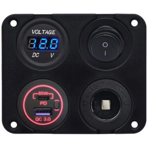 ProRide 12-24V USB/USB C Autolader 2 Poorten Inbouw - 65W QC3.0 - Sig. - Schakelaar - Voltmeter - Rood