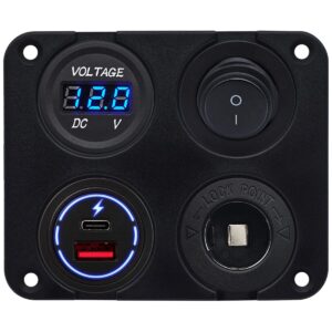 ProRide 12-24V USB/USB C Autolader 2 Poorten Inbouw - 65W QC3.0 - Sig. - Schakelaar - Voltmeter - Blauw
