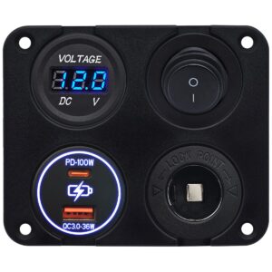ProRide 12-24V USB/USB C Autolader 2 Poorten Inbouw - 100W+36W QC3.0 - Sig. - Schakelaar - Voltmeter - Blauw