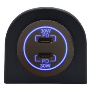 ProRide 12-24V USB C Autolader 2 Poorten Opbouw - 30W+30W - Enkelvoudig Paneel - Blauw - USB-C Stopcontact