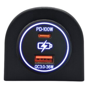 ProRide 12-24V USB/USB C Autolader 2 Poorten Opbouw - 100W+36W QC3.0 - Snellader - Enkelvoudig Paneel - Blauw