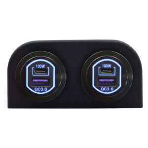 ProRide 12-24V USB/USB C Autolader 2 Poorten Opbouw - 100W QC3.0 - Tweevoudig Paneel - Blauw - 2 Stuks