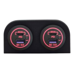 ProRide 12-24V USB/USB C Autolader 2 Poorten Opbouw - 65W QC3.0 - Tweevoudig Paneel - Rood - 2 Stuks