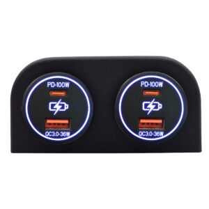 ProRide 12-24V USB/USB C Autolader 2 Poorten Opbouw - 100W+36W QC3.0 - Tweevoudig Paneel - Blauw - 2 Stuks