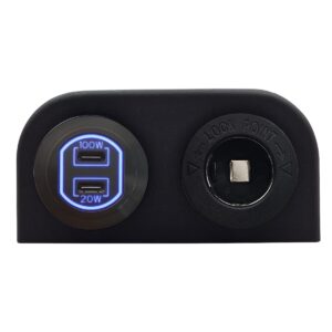 ProRide 12-24V USB C Autolader 2 Poorten Opbouw - 100W+20W - Sigarettenaansteker - Tweevoudig Paneel - Blauw